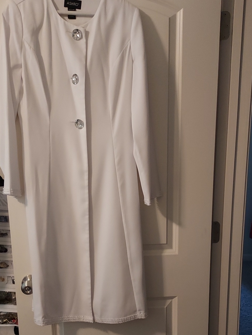 Ashro White Long Coat Dress with Crystal Buttons